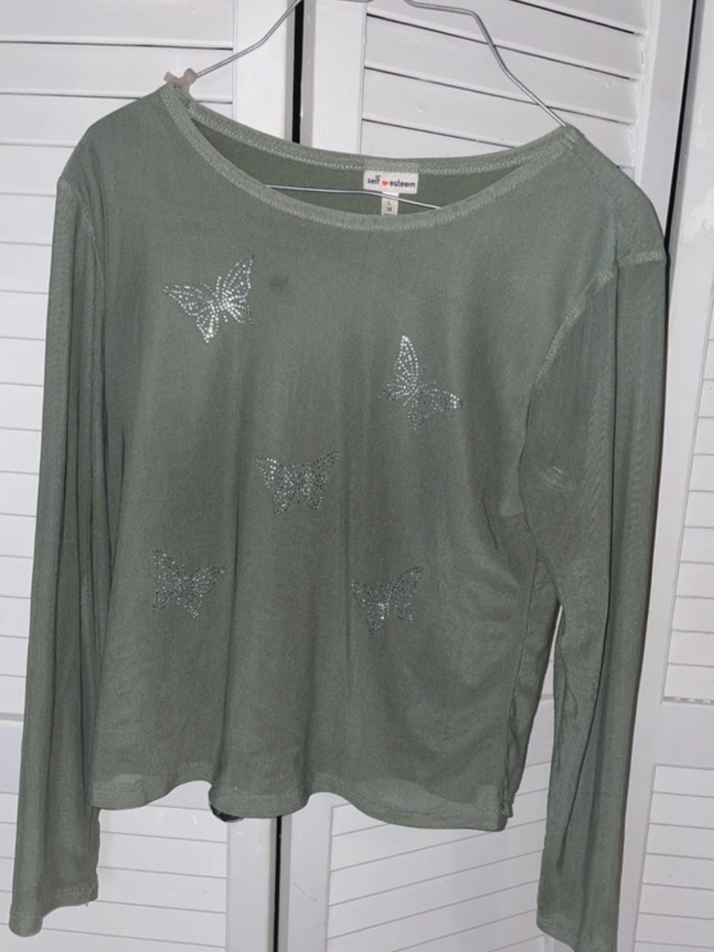 Self Esteem Olive Green Long Sleeve Rhinestone Butterfly Top